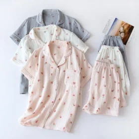 Ladies Short Sleeve Shorts Pajamas Set 100% Cotton Spring Autumn Loose Sleepwear Home Clothes