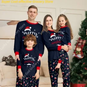 Christmas Family Matching Outfits Mother Father Kids Pajamas Set Santa Hat Print Loose Xmas Sleepwear
