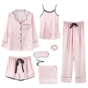 Spring Autumn 7 Pieces Set Silk Elegant Women Pajamas Print Shorts Long Sleeve Top Elastic Waist Pants Lounge Sleepwear Gift