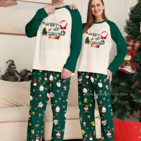 Merry Christmas Couple Pajamas - Raglan Sleeve "Merry Ho! Christmas" Print & Festive Pattern Pants Set
