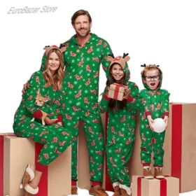 Christmas family parent-child outfits!The moose print one-piece dress for parents and children,hooded zipper pajamas,softandwarm