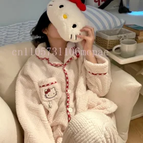 MINISO HelloKitty Women's 2025 Winter Jacquard Fleece Pajama Set Plush Thermal Cozy Sleepwear & Home Loungewear Soft Warm Outfit