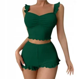 WOMEN'S PYJAM TWO-PARTIAL COMPLETE NIGHT SHIRT SHORTS COMFORTABLE SHANTS DARK GREEN